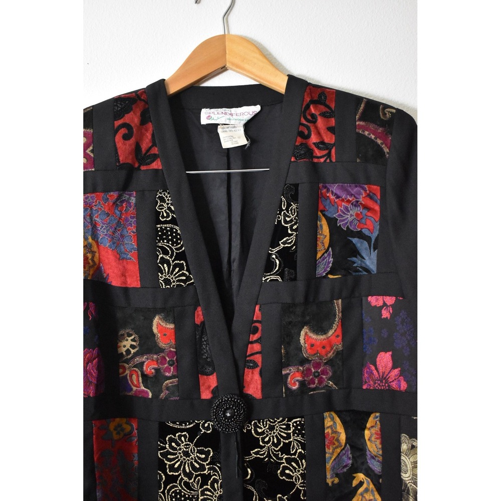 Splendiferous Patchwork Evening Jacket Womens L Black 70s Brocade Art Wear - Picture 2 of 6